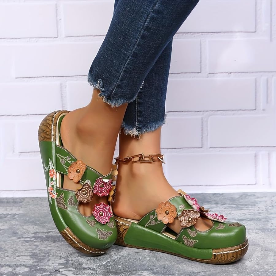 Hhhchpm Women's Wedge Mule Shoes, Flower Decor Cut-Out